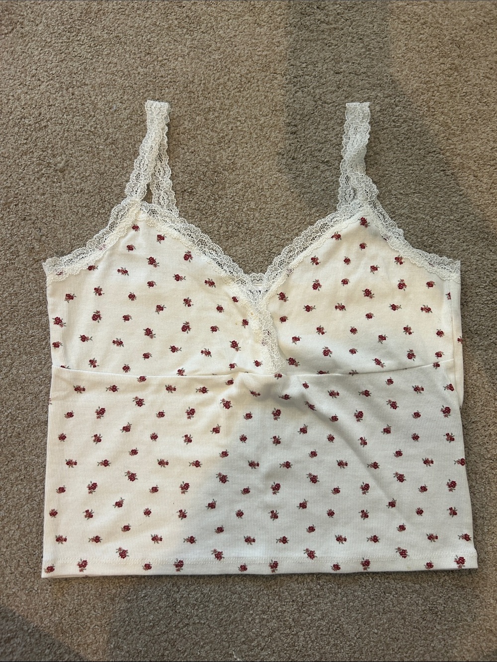 Cotton On Lace-Trim Floral Cami Tank Top - Cream with Red Floral